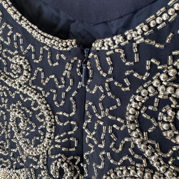 Vintage Oleg Cassini Navy 100% Silk Silver Pearl Beaded Party Dress | Sz 8 - Picture 5 of 14